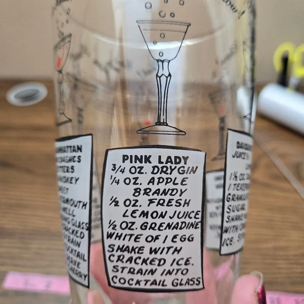 VTG Cocktail Recipe Barware Glass‎ Drink Shaker NO LID SEE DESC